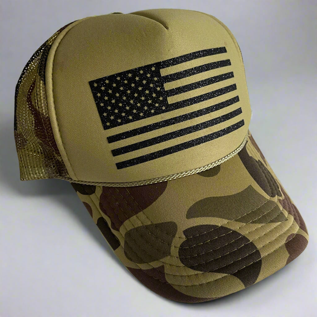 Camouflage Trucker hat with American flag design in Black glitter