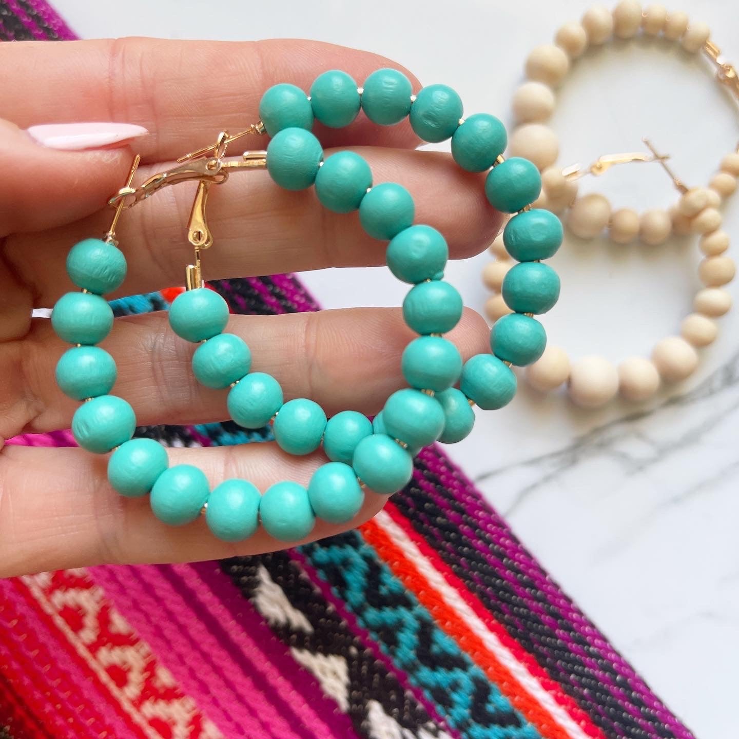 Turquoise Wood Bead Hoops