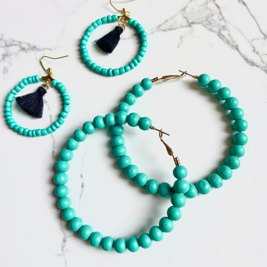 Turquoise Wood Bead Hoops
