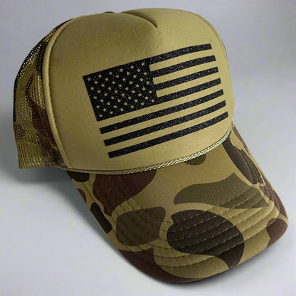 Camouflage Trucker hat with American flag design in Black glitter