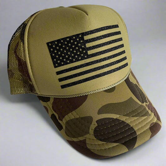 Camouflage Trucker hat with American flag design in Black glitter