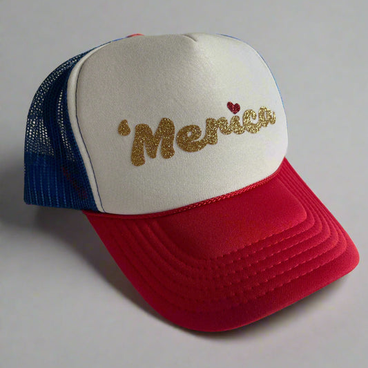 Cap with 'Merica text and heart on a gray background