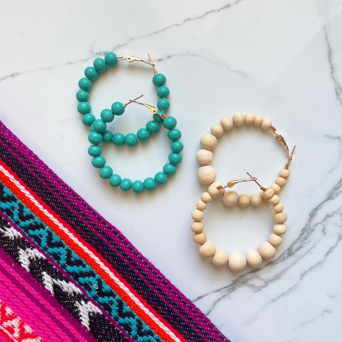 Turquoise Wood Bead Hoops