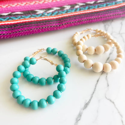 Turquoise Wood Bead Hoops