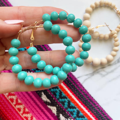 Turquoise Wood Bead Hoops