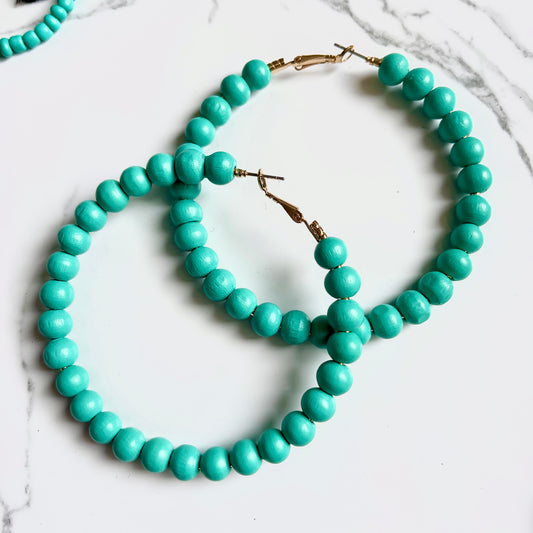 Turquoise Wood Bead Hoops
